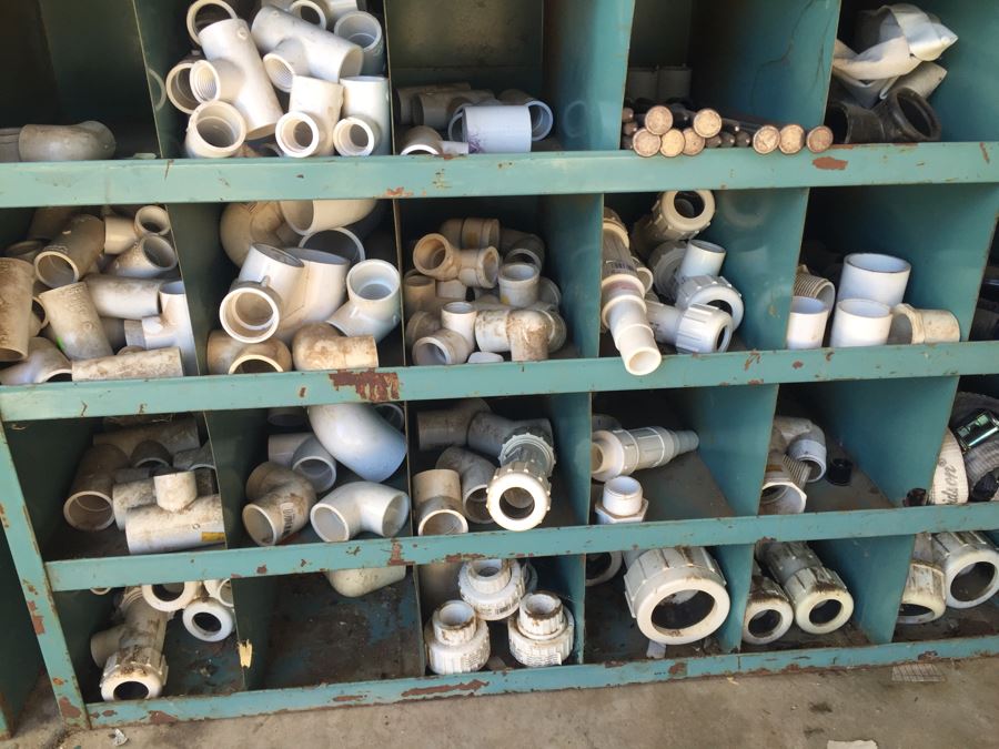 Industrial Painted Metal Storage Cabinets Packed With Plumbing Supplies, Bar Stock And Goodies [Photo 13]