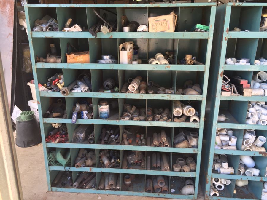 Industrial Painted Metal Storage Cabinets Packed With Plumbing Supplies, Bar Stock And Goodies [Photo 5]