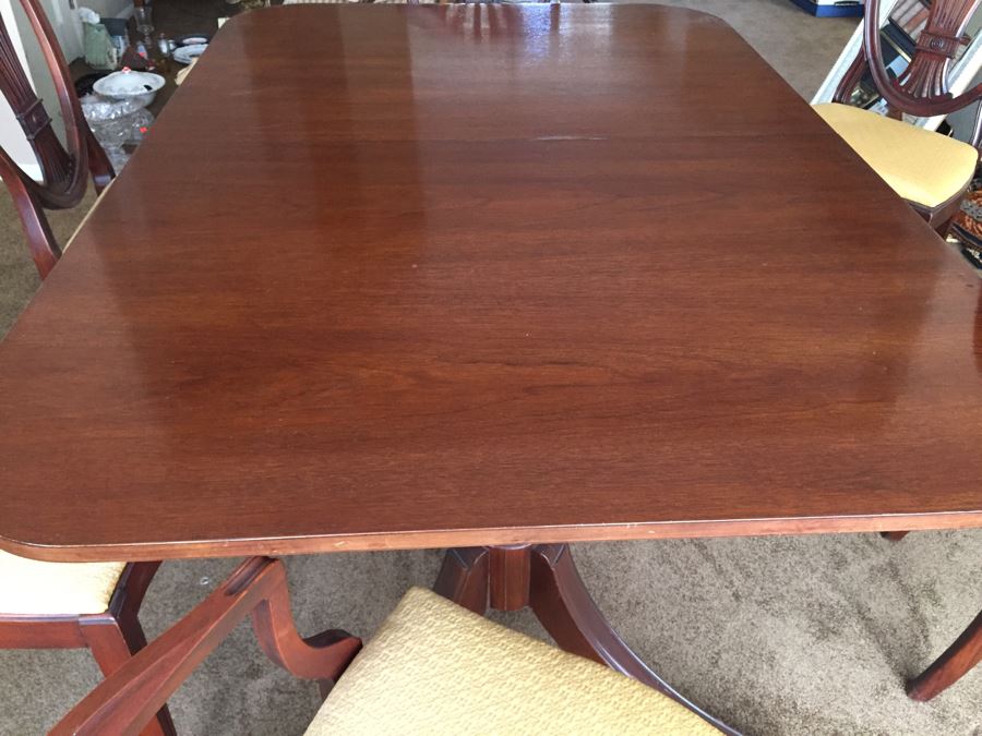 Formal Antique Double Pedestal Dining Table With Three Leaves And Six Upholstered Chairs (Two Are Armchairs) [Photo 9]