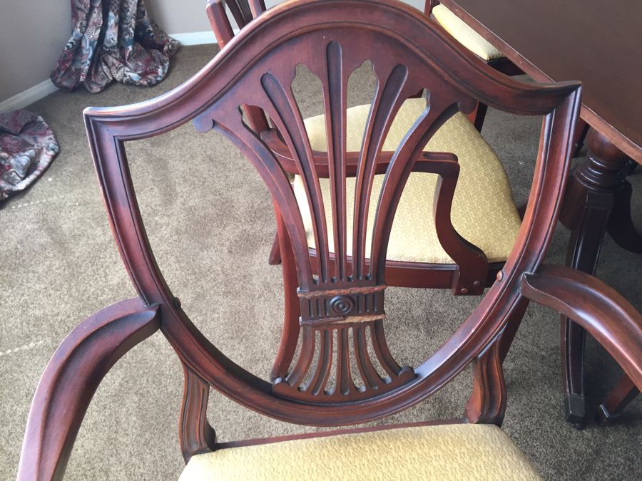 Formal Antique Double Pedestal Dining Table With Three Leaves And Six Upholstered Chairs (Two Are Armchairs) [Photo 22]