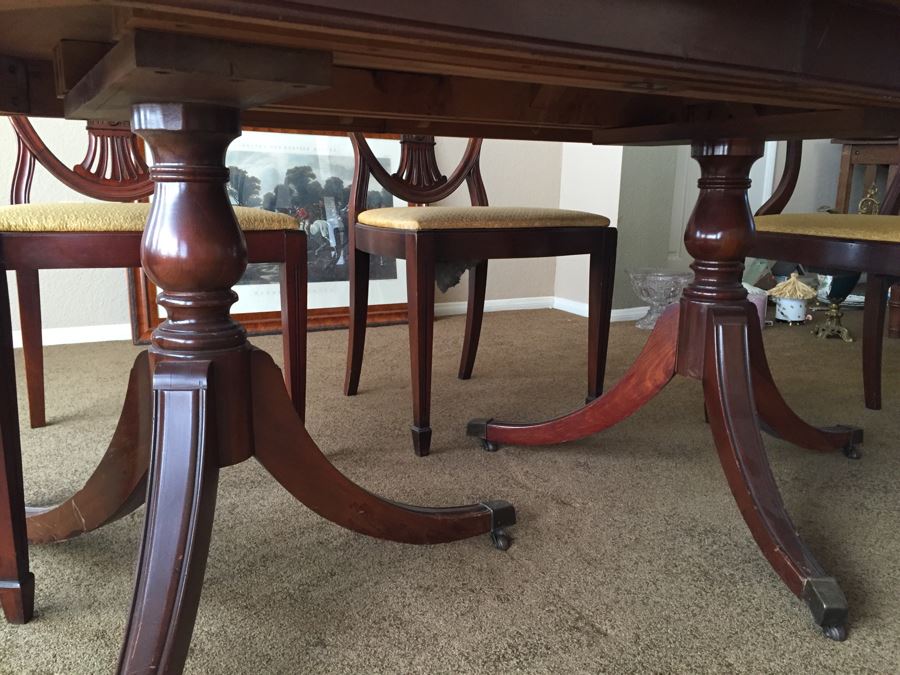 Formal Antique Double Pedestal Dining Table With Three Leaves And Six Upholstered Chairs (Two Are Armchairs) [Photo 8]