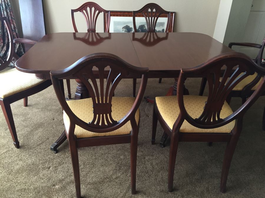 Formal Antique Double Pedestal Dining Table With Three Leaves And Six Upholstered Chairs (Two Are Armchairs)