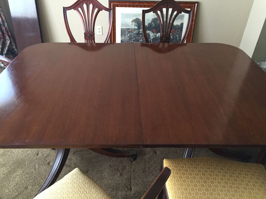 Formal Antique Double Pedestal Dining Table With Three Leaves And Six Upholstered Chairs (Two Are Armchairs) [Photo 5]