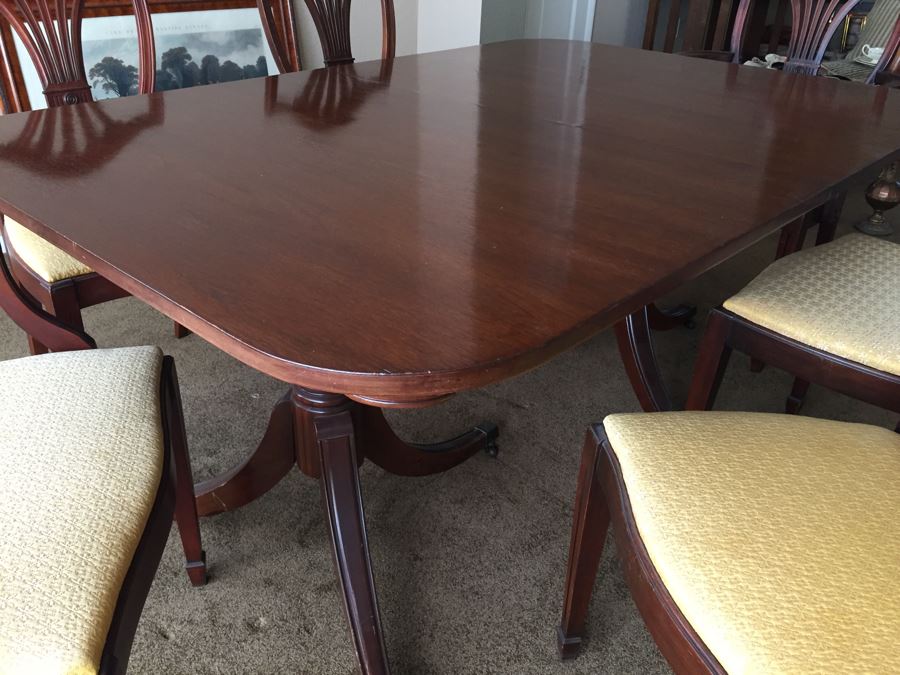 Formal Antique Double Pedestal Dining Table With Three Leaves And Six Upholstered Chairs (Two Are Armchairs) [Photo 6]