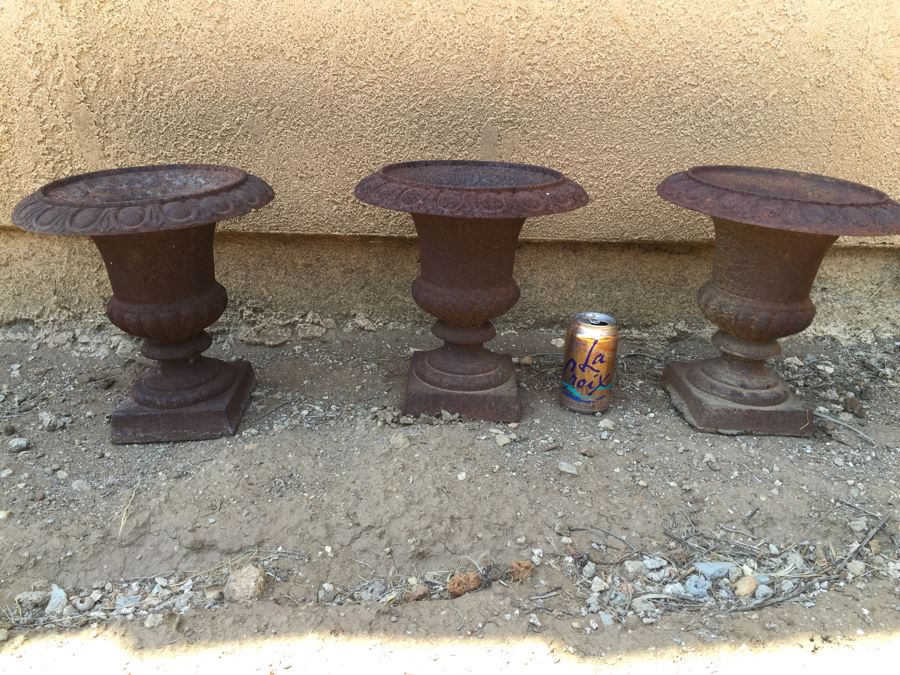 (3) Cast Iron Metal Garden Urns