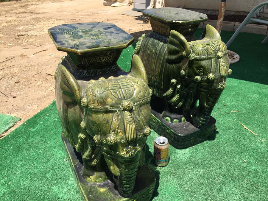 Pair Of Vintage Green Elephant Garden Stools [Photo 3]