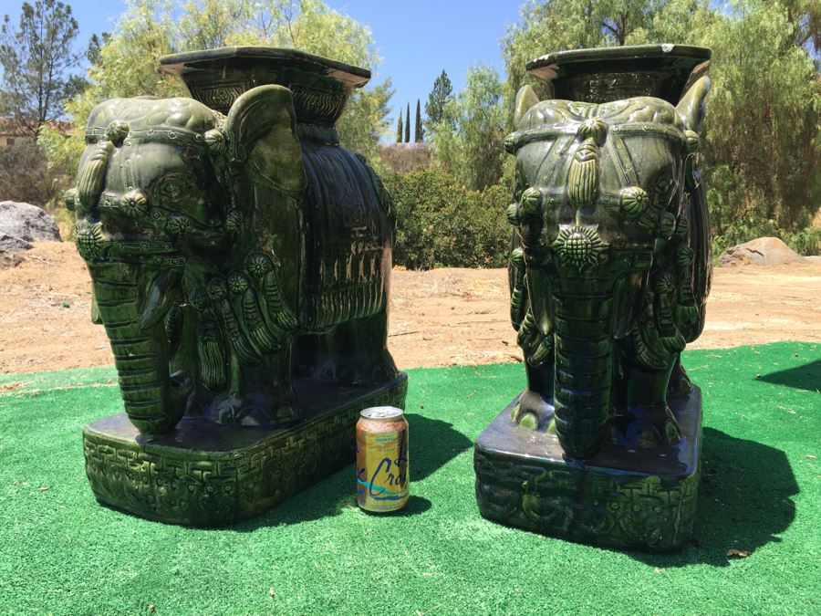Pair Of Vintage Green Elephant Garden Stools [Photo 2]