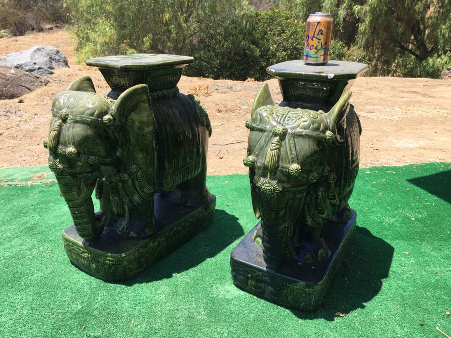 Pair Of Vintage Green Elephant Garden Stools [Photo 4]