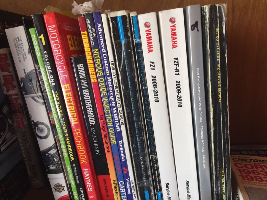 Huge Lot Of Motorcycle Manuals, Books And Catalogs Plus Wooden Bookcase [Photo 12]