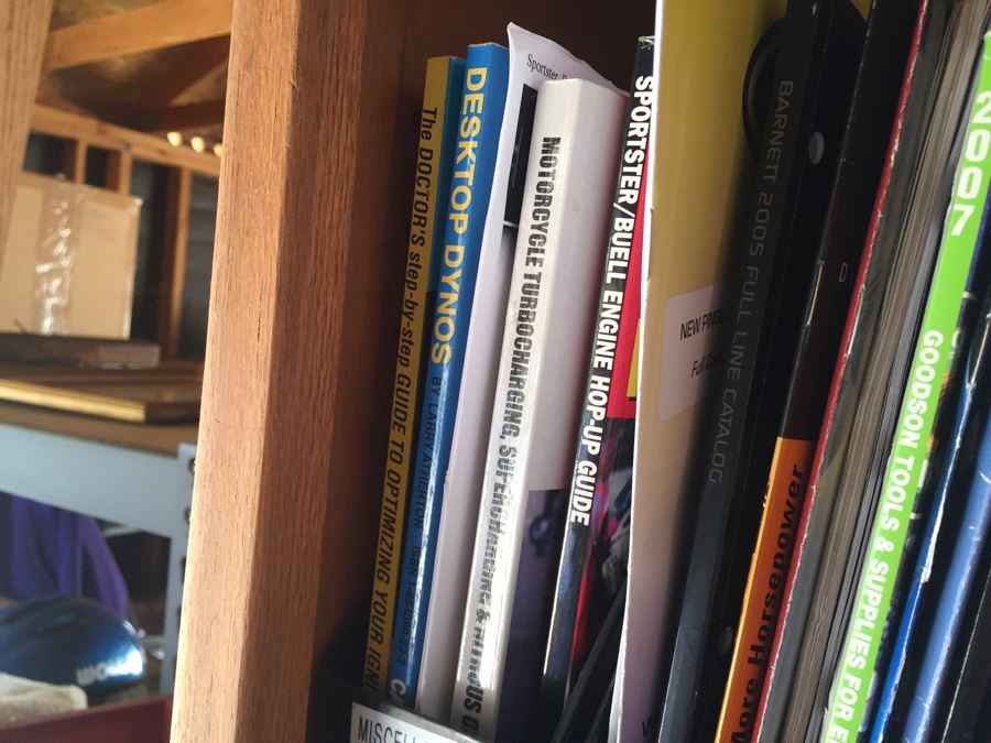 Huge Lot Of Motorcycle Manuals, Books And Catalogs Plus Wooden Bookcase [Photo 18]