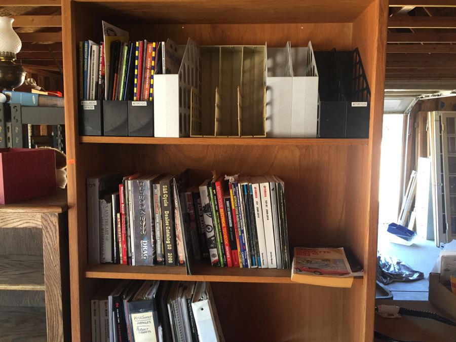 Huge Lot Of Motorcycle Manuals, Books And Catalogs Plus Wooden Bookcase [Photo 1]