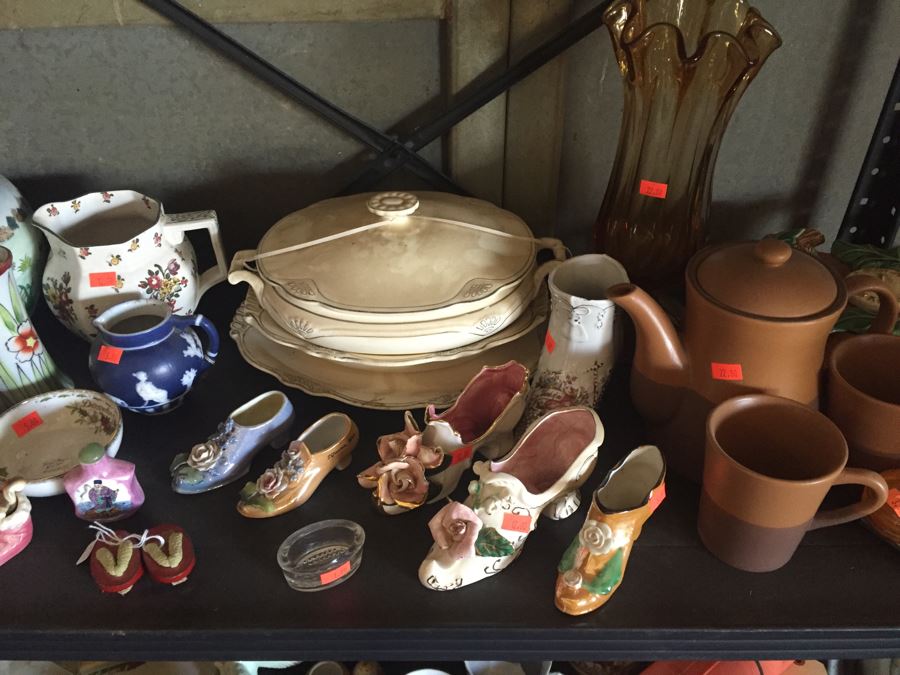 Two Metal Shelves Full Of Various Items From Home And Former Antique Store Plus Metal Shelving [Photo 13]