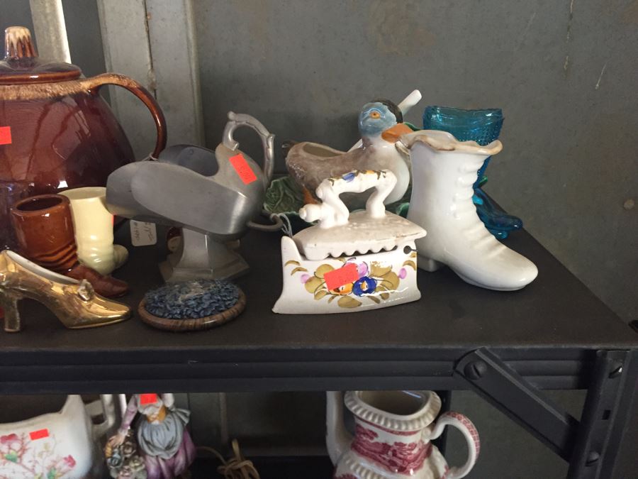 Two Metal Shelves Full Of Various Items From Home And Former Antique Store Plus Metal Shelving [Photo 8]