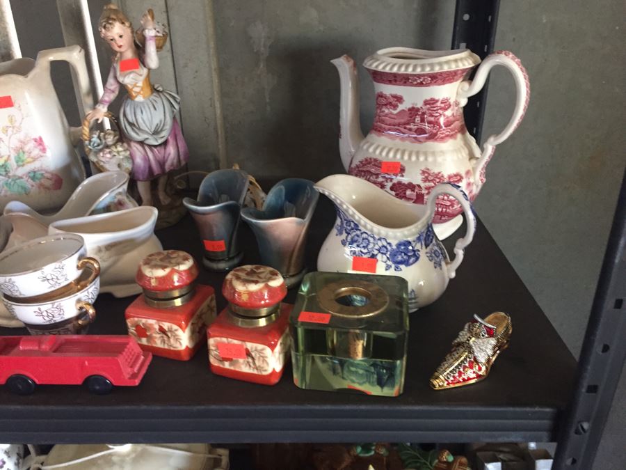 Two Metal Shelves Full Of Various Items From Home And Former Antique Store Plus Metal Shelving [Photo 9]