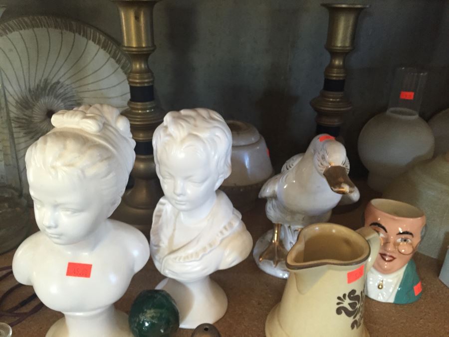 Metal Cabinet With Glass Light Shades And Figurines Includes Metal Shelving [Photo 7]