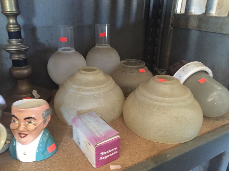 Metal Cabinet With Glass Light Shades And Figurines Includes Metal Shelving [Photo 3]