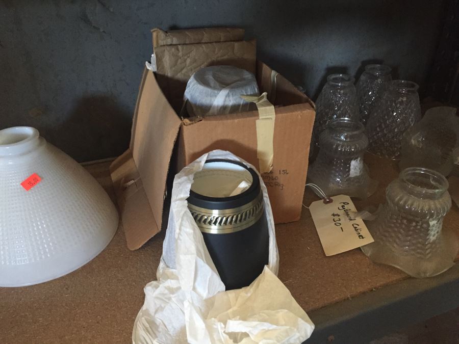 Metal Cabinet With Glass Light Shades And Figurines Includes Metal Shelving [Photo 2]