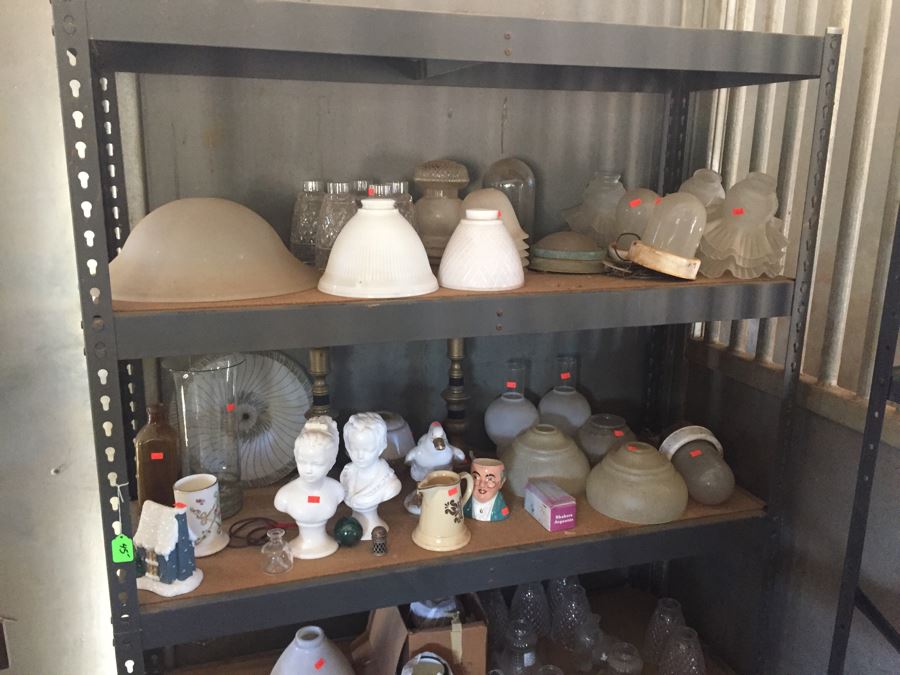 Metal Cabinet With Glass Light Shades And Figurines Includes Metal Shelving [Photo 12]