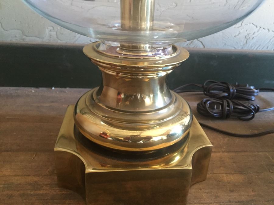 Pair Of Heavy Brass Lights With Large Glass Hurricanes Estimate $150 For Pair [Photo 3]