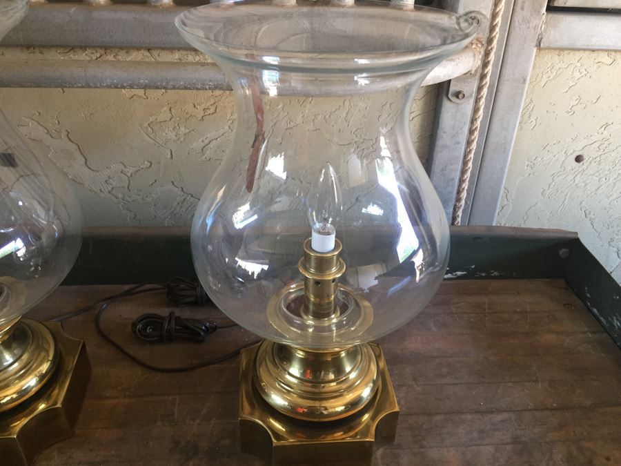 Pair Of Heavy Brass Lights With Large Glass Hurricanes Estimate $150 For Pair [Photo 5]