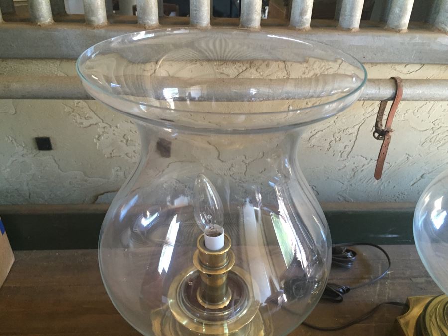 Pair Of Heavy Brass Lights With Large Glass Hurricanes Estimate $150 For Pair [Photo 4]