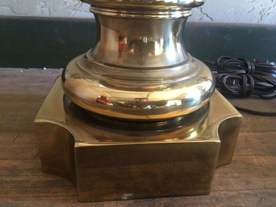 Pair Of Heavy Brass Lights With Large Glass Hurricanes Estimate $150 For Pair [Photo 2]