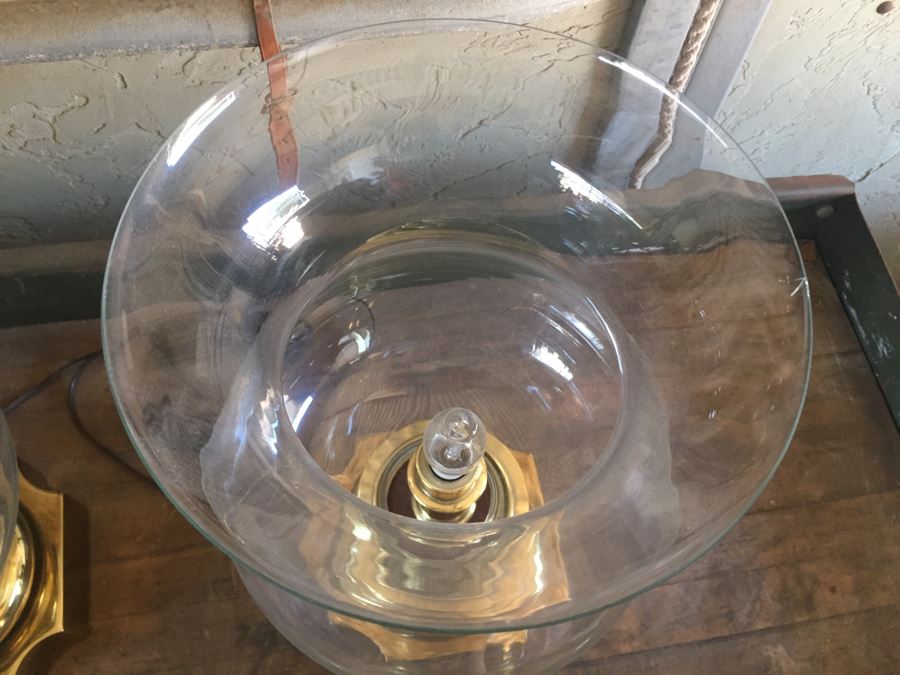 Pair Of Heavy Brass Lights With Large Glass Hurricanes Estimate $150 For Pair [Photo 6]