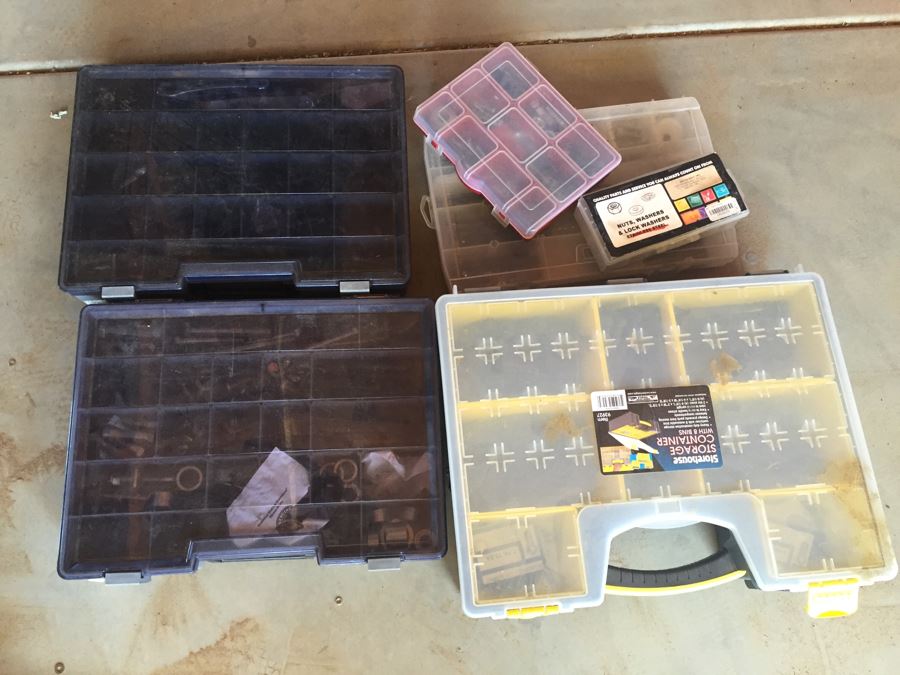 Huge Collection Of Motorcycle Bolts, Nuts, Washers, Parts With Storage Containers
