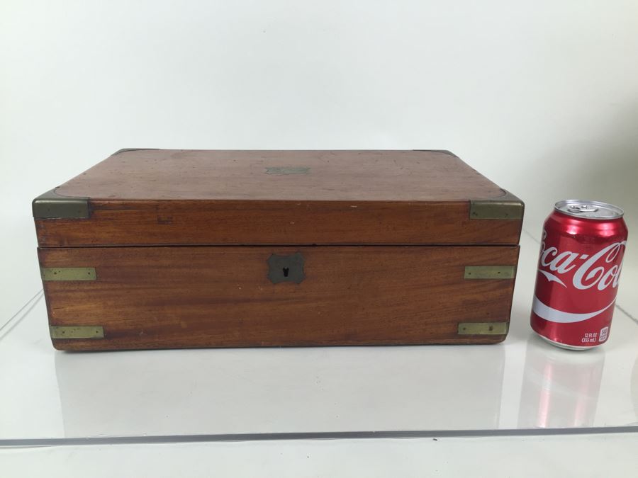 Nice Wooden Portable Travelling Writing Desk With Brass Accents Has Spring Loaded Secret Compartment