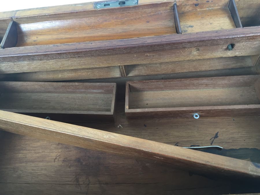Nice Wooden Portable Travelling Writing Desk With Brass Accents Has Spring Loaded Secret Compartment [Photo 19]