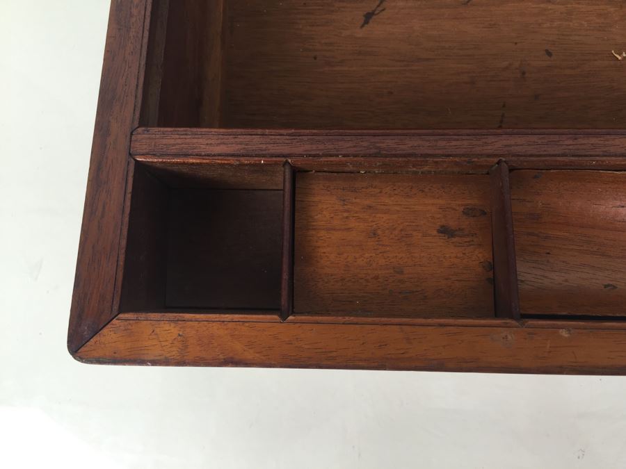 Nice Wooden Portable Travelling Writing Desk With Brass Accents Has Spring Loaded Secret Compartment [Photo 14]