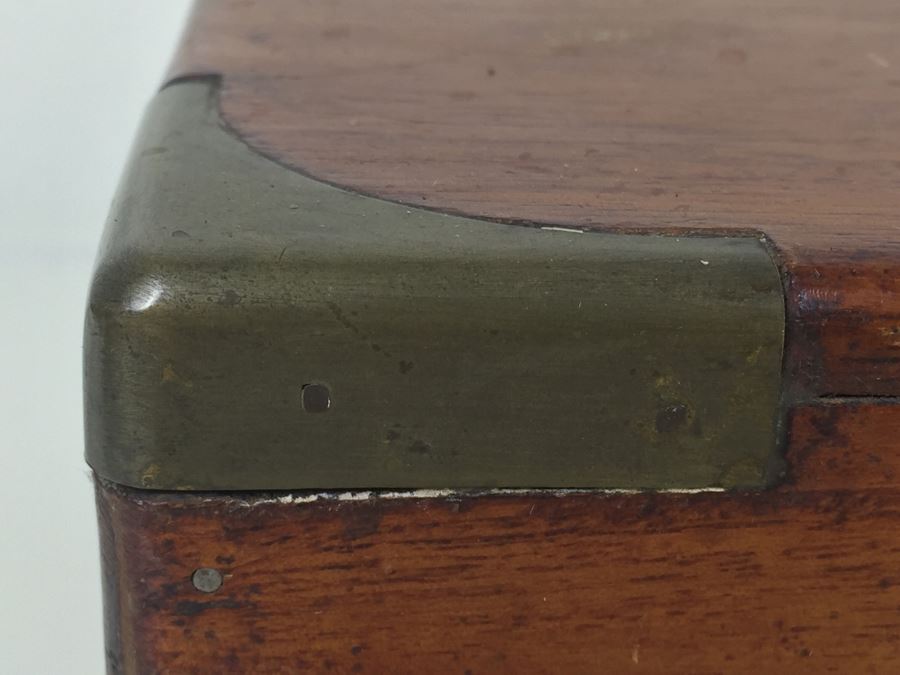 Nice Wooden Portable Travelling Writing Desk With Brass Accents Has Spring Loaded Secret Compartment [Photo 6]