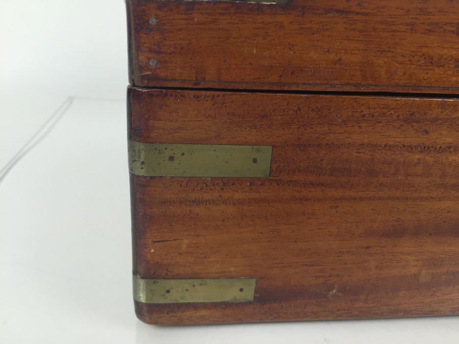 Nice Wooden Portable Travelling Writing Desk With Brass Accents Has Spring Loaded Secret Compartment [Photo 7]