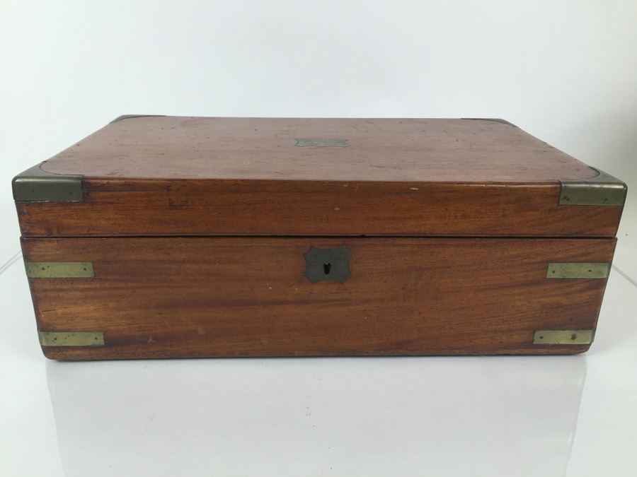 Nice Wooden Portable Travelling Writing Desk With Brass Accents Has Spring Loaded Secret Compartment [Photo 4]