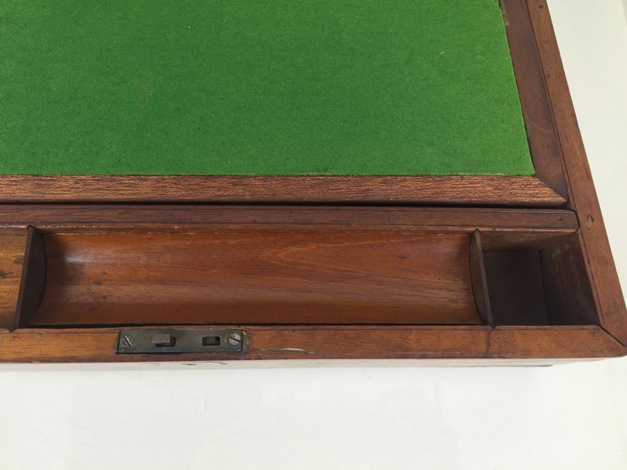 Nice Wooden Portable Travelling Writing Desk With Brass Accents Has Spring Loaded Secret Compartment [Photo 11]