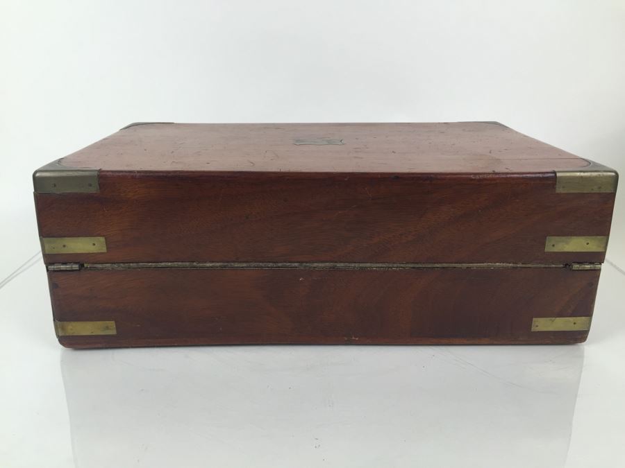 Nice Wooden Portable Travelling Writing Desk With Brass Accents Has Spring Loaded Secret Compartment [Photo 20]