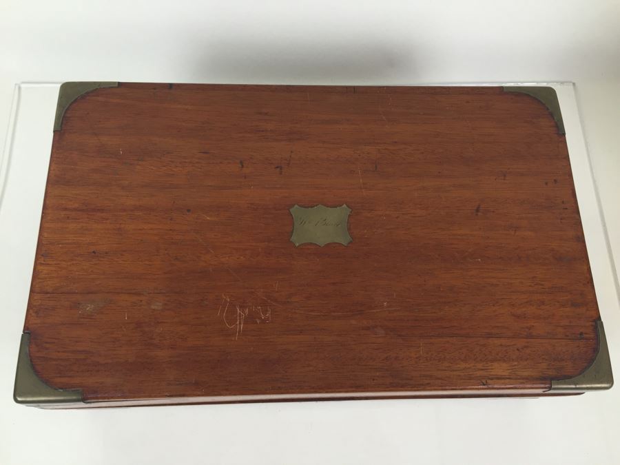 Nice Wooden Portable Travelling Writing Desk With Brass Accents Has Spring Loaded Secret Compartment [Photo 8]