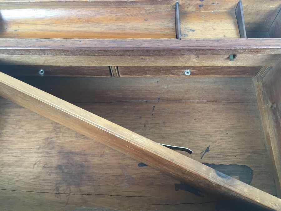 Nice Wooden Portable Travelling Writing Desk With Brass Accents Has Spring Loaded Secret Compartment [Photo 16]