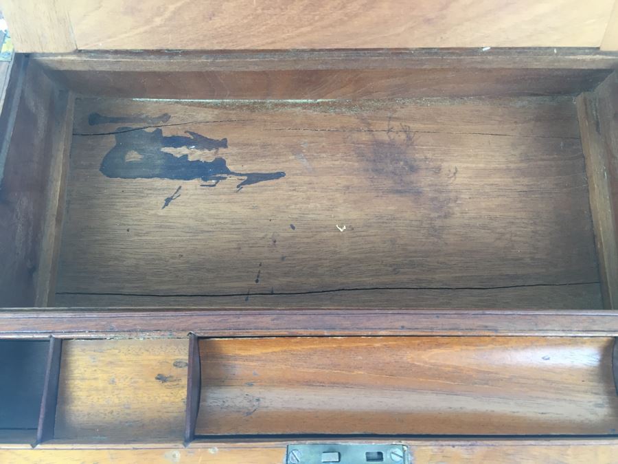 Nice Wooden Portable Travelling Writing Desk With Brass Accents Has Spring Loaded Secret Compartment [Photo 13]