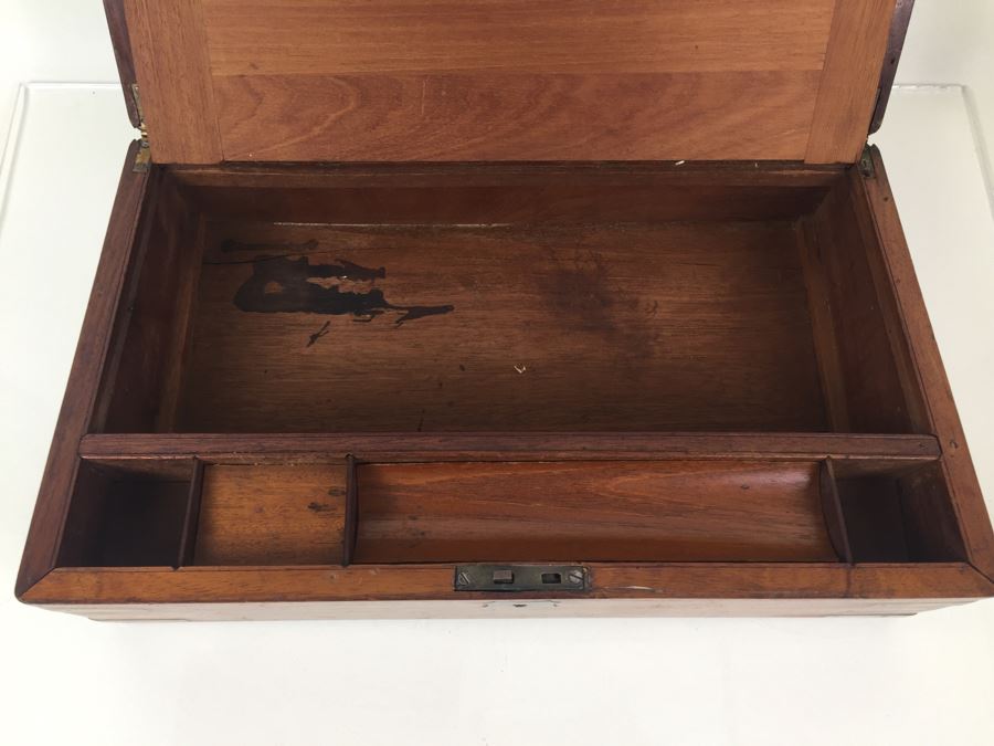 Nice Wooden Portable Travelling Writing Desk With Brass Accents Has Spring Loaded Secret Compartment [Photo 12]