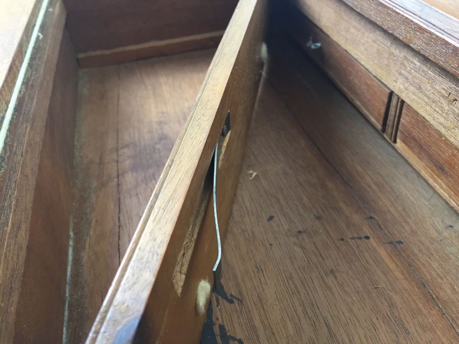 Nice Wooden Portable Travelling Writing Desk With Brass Accents Has Spring Loaded Secret Compartment [Photo 18]