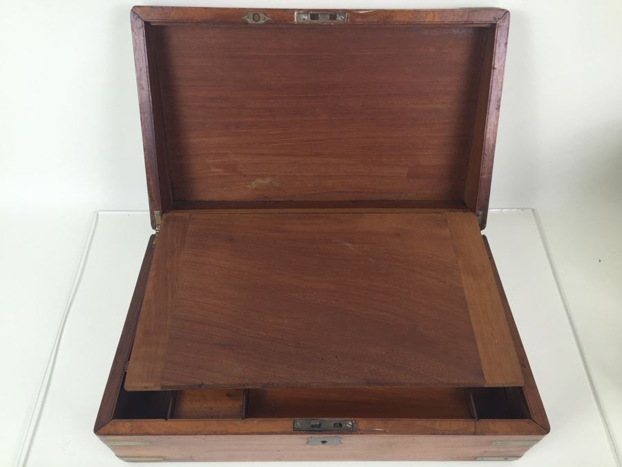 Nice Wooden Portable Travelling Writing Desk With Brass Accents Has Spring Loaded Secret Compartment [Photo 9]