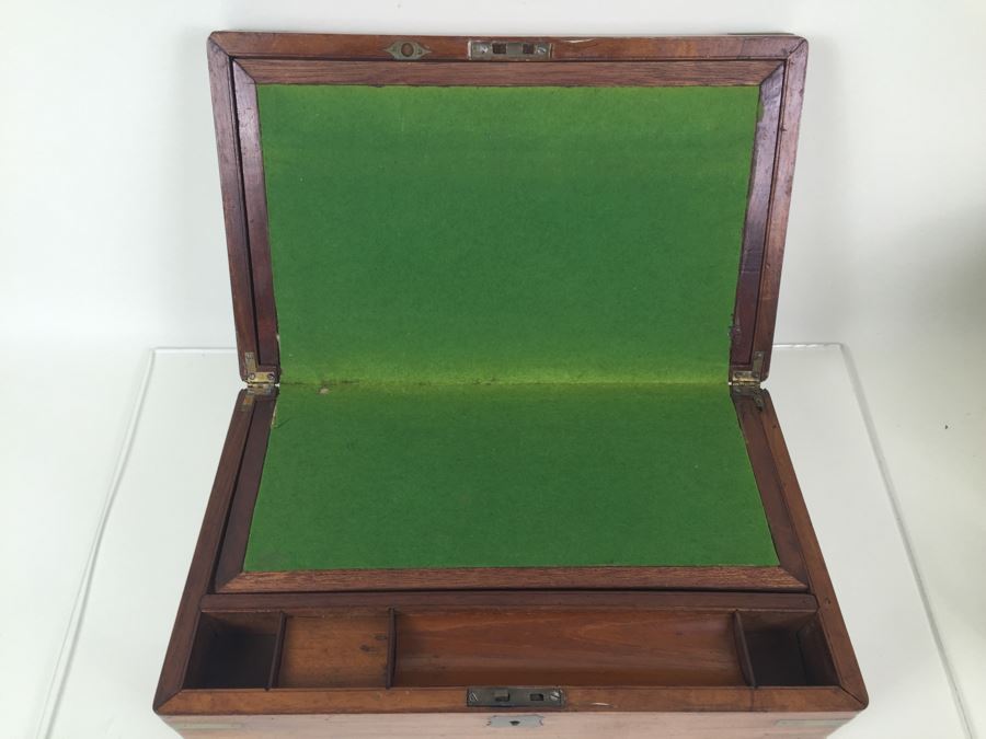 Nice Wooden Portable Travelling Writing Desk With Brass Accents Has Spring Loaded Secret Compartment [Photo 2]
