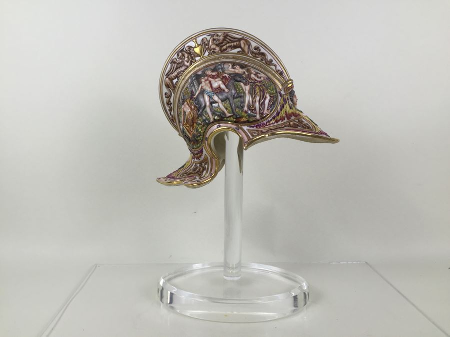 Stunning Capo Di Monte Porcelain Renaissance-Style Helmet With Lucite Display Stand Relief Molding With Scenes Of Griffins Estimate $1,200