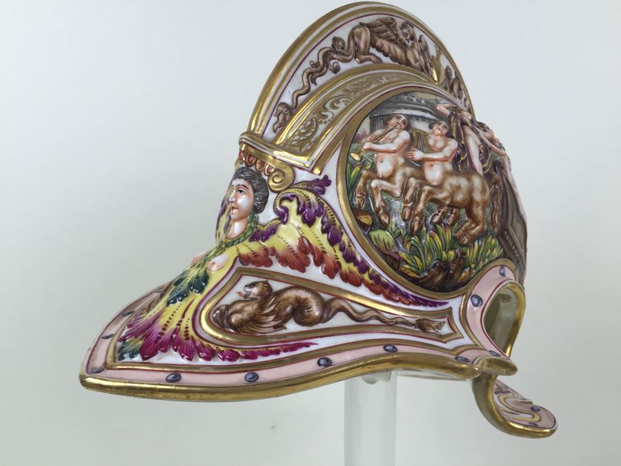 Stunning Capo Di Monte Porcelain Renaissance-Style Helmet With Lucite Display Stand Relief Molding With Scenes Of Griffins Estimate $1,200 [Photo 16]
