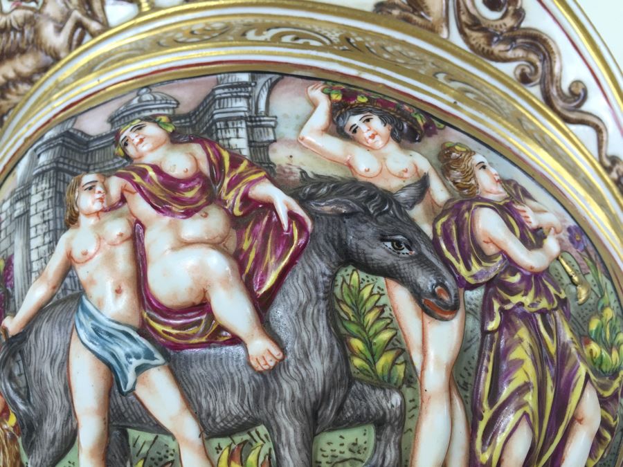 Stunning Capo Di Monte Porcelain Renaissance-Style Helmet With Lucite Display Stand Relief Molding With Scenes Of Griffins Estimate $1,200 [Photo 9]