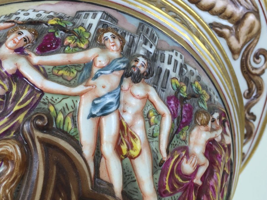 Stunning Capo Di Monte Porcelain Renaissance-Style Helmet With Lucite Display Stand Relief Molding With Scenes Of Griffins Estimate $1,200 [Photo 20]