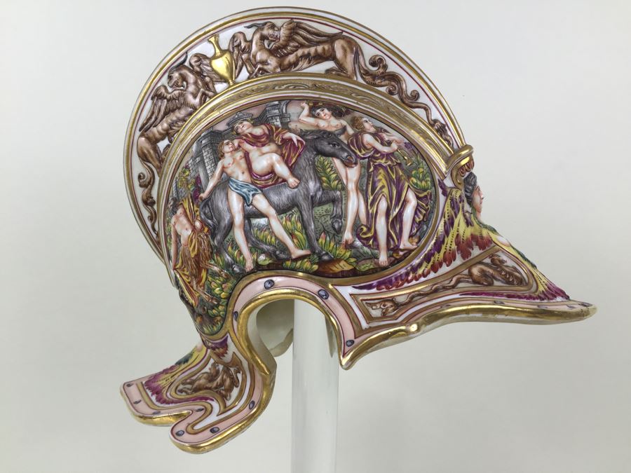 Stunning Capo Di Monte Porcelain Renaissance-Style Helmet With Lucite Display Stand Relief Molding With Scenes Of Griffins Estimate $1,200 [Photo 8]