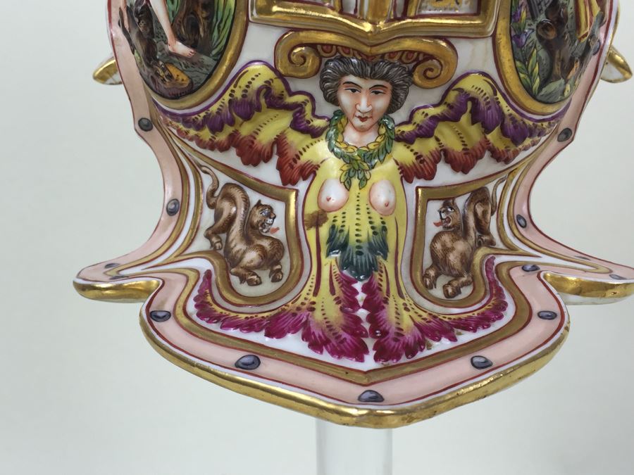 Stunning Capo Di Monte Porcelain Renaissance-Style Helmet With Lucite Display Stand Relief Molding With Scenes Of Griffins Estimate $1,200 [Photo 23]