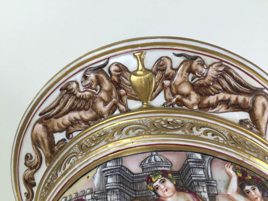 Stunning Capo Di Monte Porcelain Renaissance-Style Helmet With Lucite Display Stand Relief Molding With Scenes Of Griffins Estimate $1,200 [Photo 10]